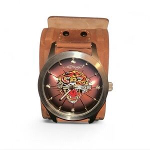 Ed Hardy Tiger Dial Watch with Tan Leather Strap